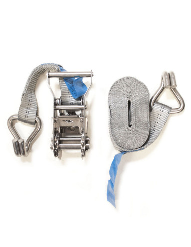 SANGLE D'ARRIMAGE INOX - CLIQUET + 2 CROCHETS - 2000 KG - 5 Mètres x 35 mm