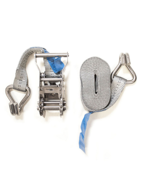 SANGLE D'ARRIMAGE INOX - CLIQUET + 2 CROCHETS - 2000 KG - 5 Mètres x 35 mm