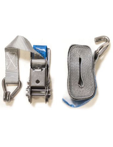 SANGLE D'ARRIMAGE INOX - CLIQUET + 2 CROCHETS - 800 KG - 4 Mètres x 25 mm
