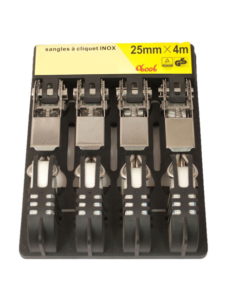 SANGLE D'ARRIMAGE INOX - PACK DE 4 - CLIQUET + 2 CROCHETS - 300 KG - 4 Mètres x 25 mm