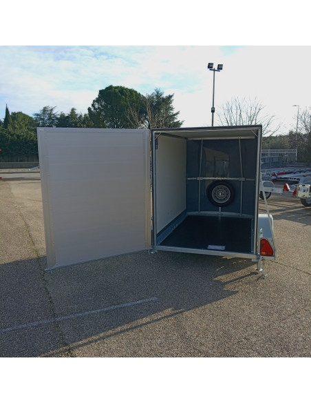 FOURGON 230x135x157 - 750 KG NON FREINE - BOIS/POLYESTER - GRIS - Roue Sec +Sup (Lider) Stock uniquement 